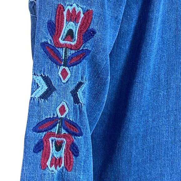 RAILS Chambray Blue Denim Shirt-Dress Raw Hem Embroidered Sz S #103W - Picture 8 of 13